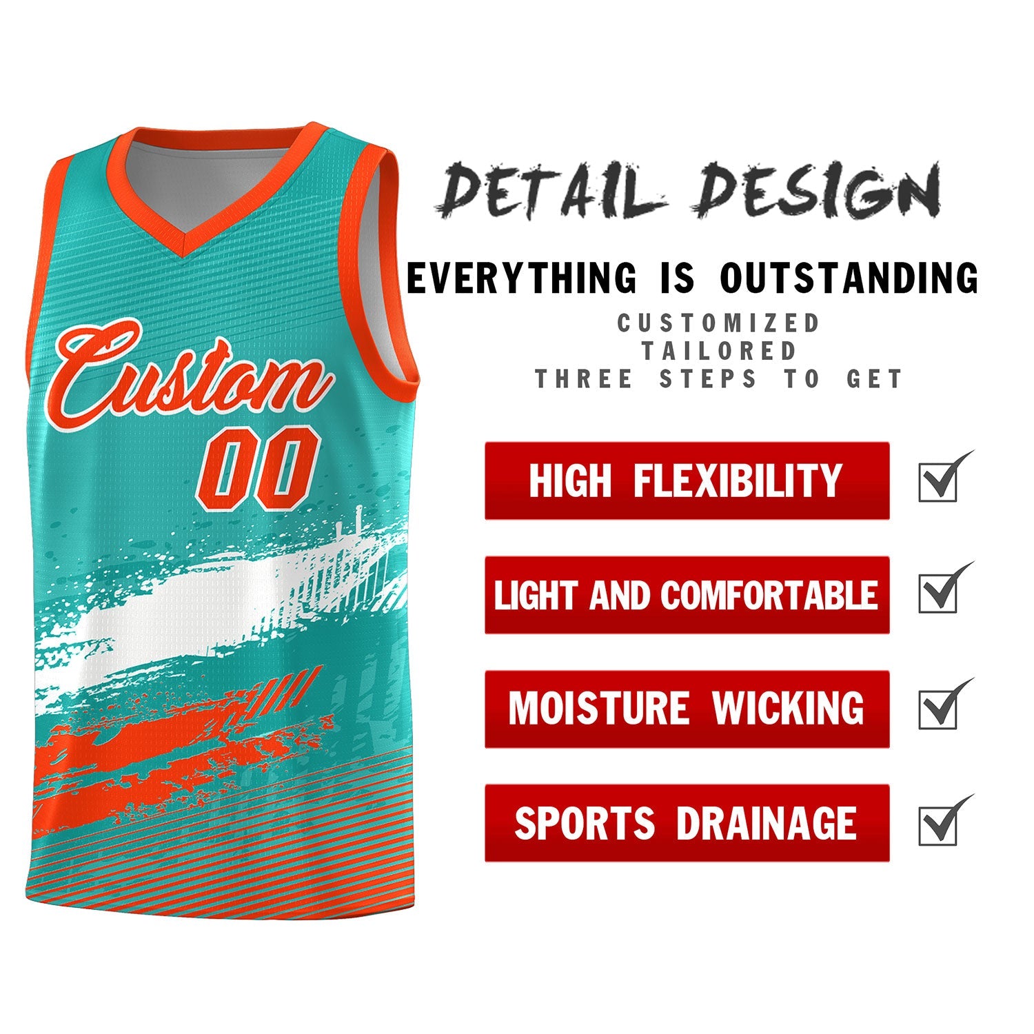 Custom Aqua White and Orange Graffiti Pattern Sports Uniform Basketball Jersey