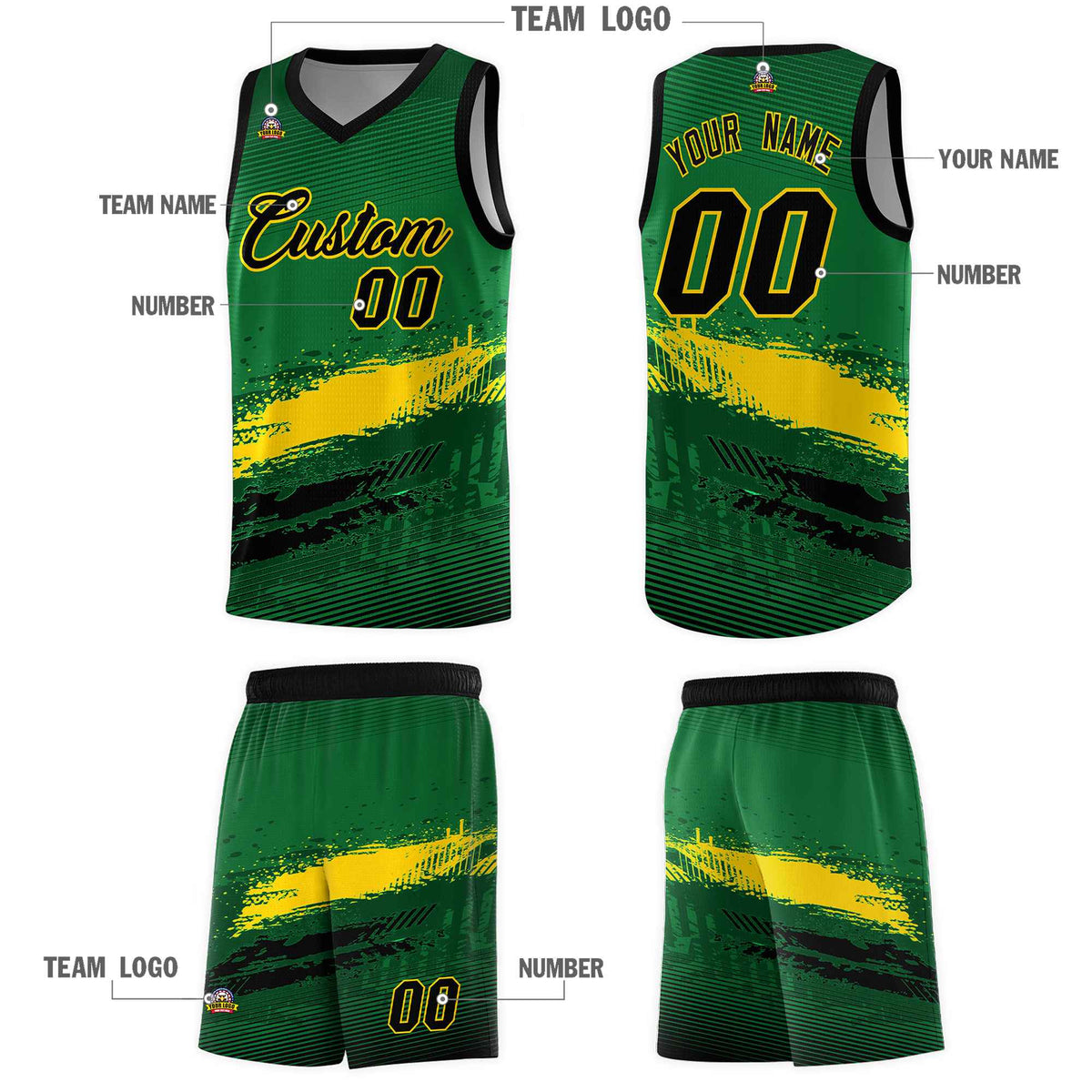 Custom Kelly Green Gold and Black Graffiti Pattern Sports Uniform Basketball Jersey