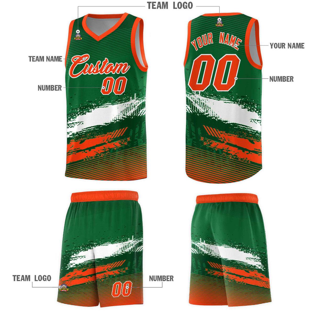Custom Kelly Green White and Orange Graffiti Pattern Sports Uniform Basketball Jersey