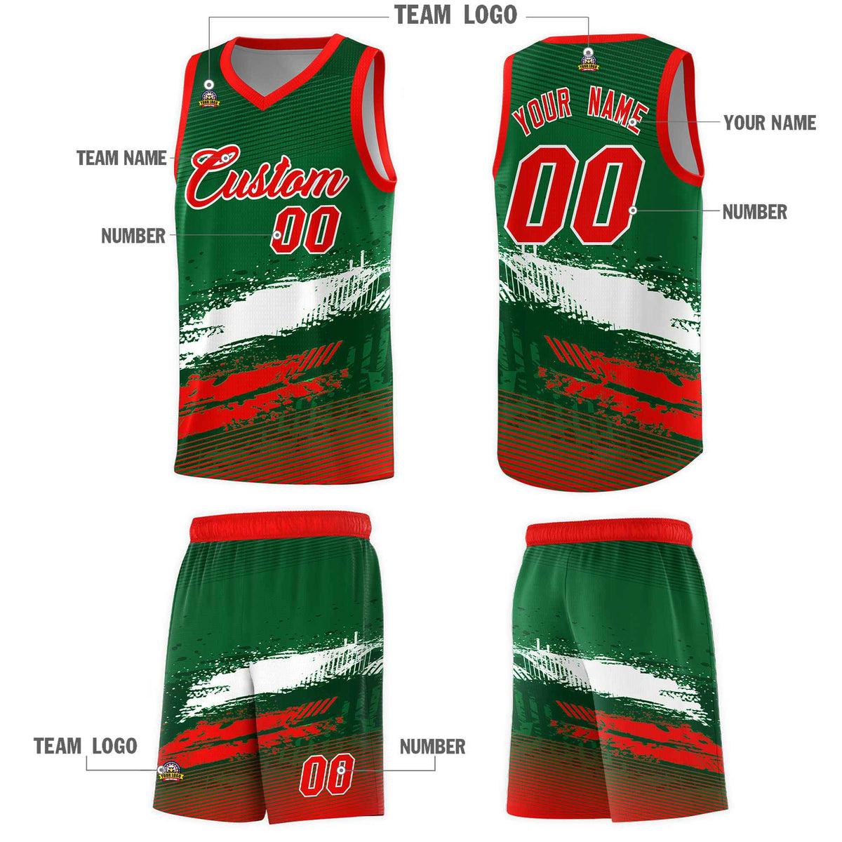 Custom Kelly Green White and Red Graffiti Pattern Sports Uniform Basketball Jersey