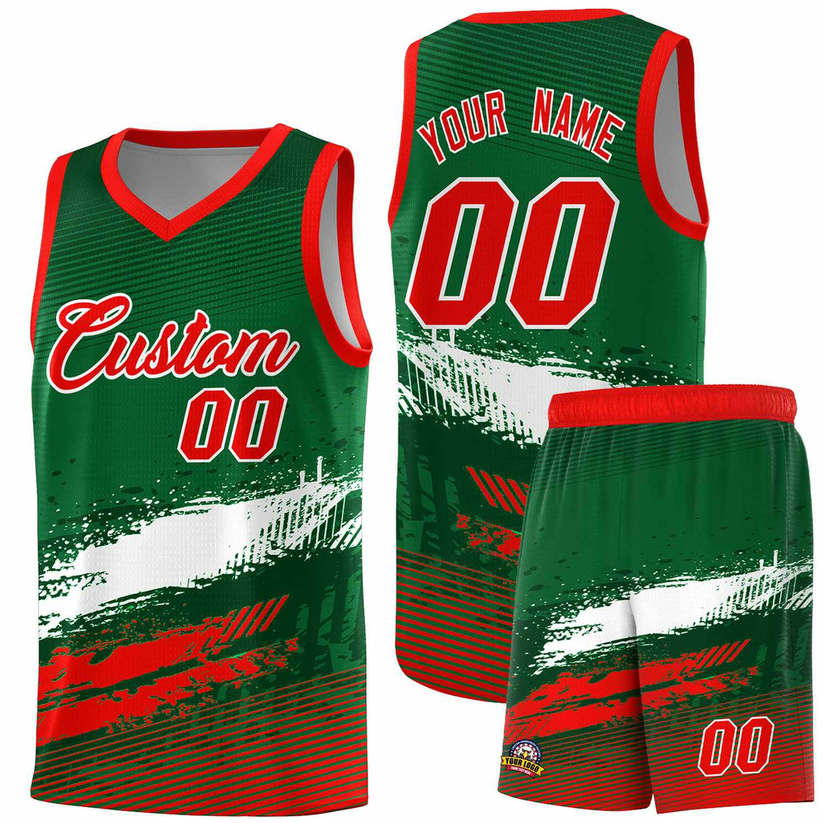 Custom Kelly Green White and Red Graffiti Pattern Sports Uniform Basketball Jersey