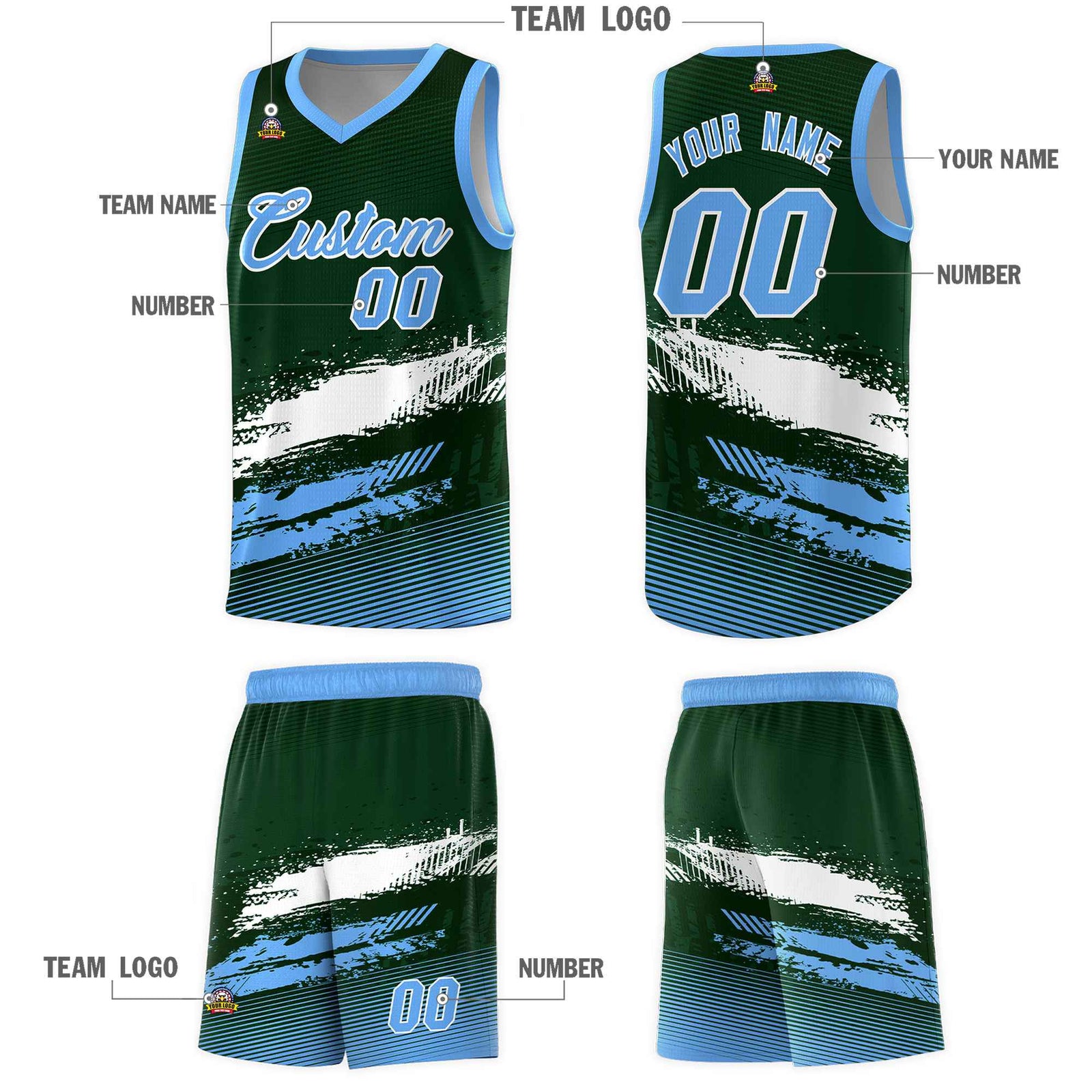 Custom Green White and Powder Blue Graffiti Pattern Sports Uniform Basketball Jersey