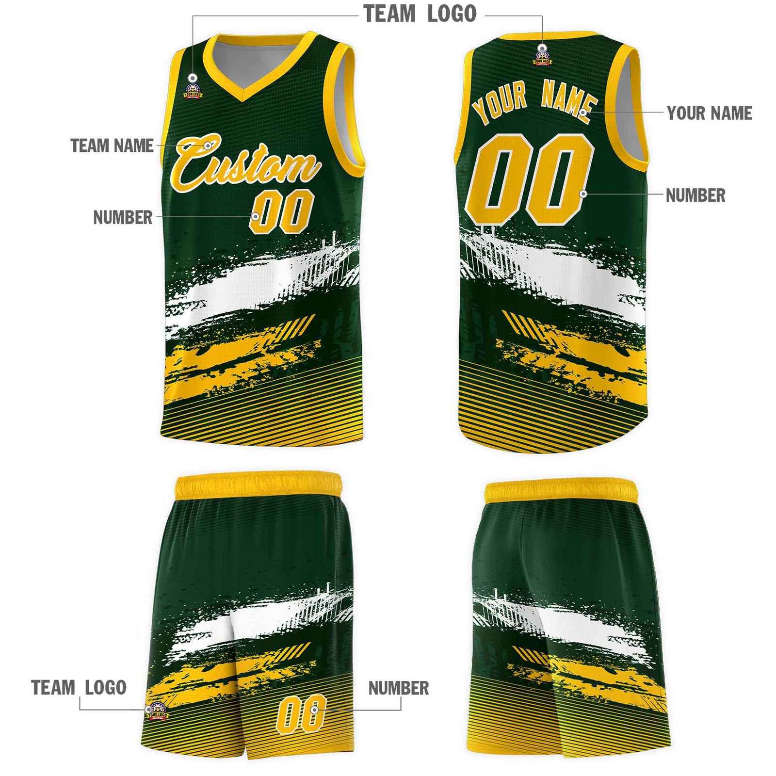 Custom Green White and Yellow Graffiti Pattern Sports Uniform Basketball Jersey