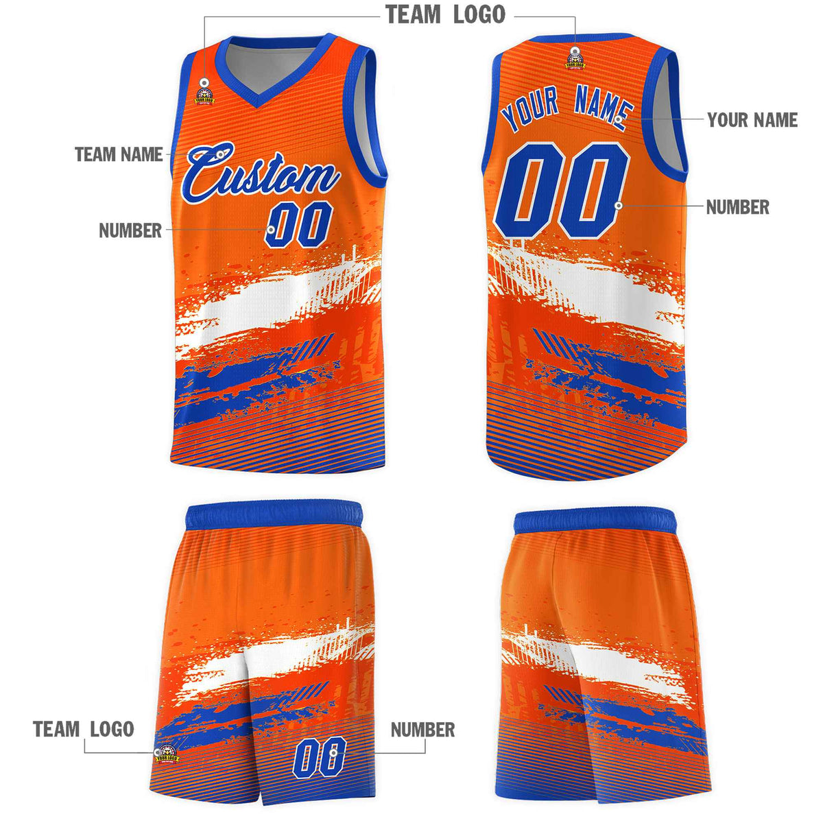 Custom Orange White and Royal Graffiti Pattern Sports Uniform Basketball Jersey