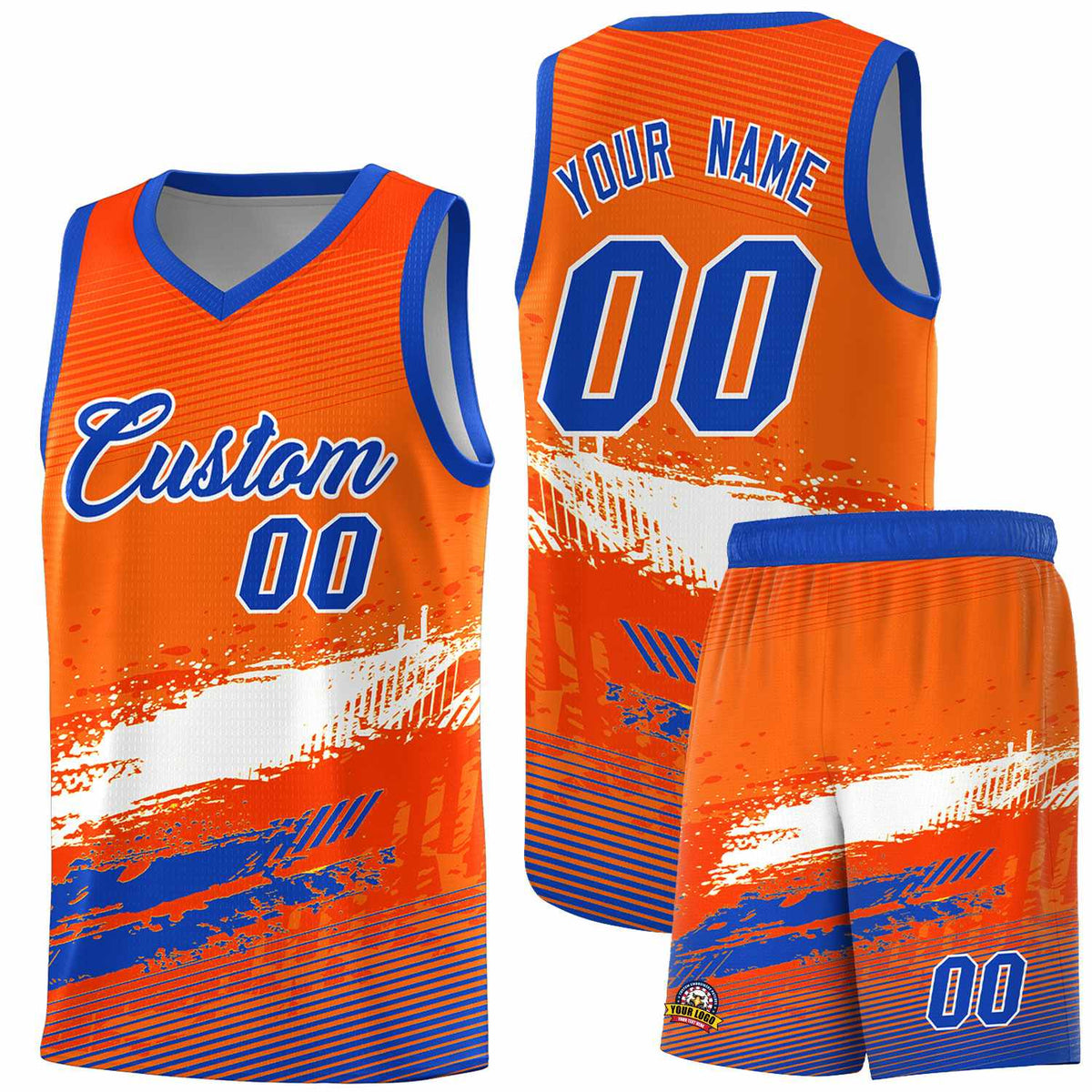 Custom Orange White and Royal Graffiti Pattern Sports Uniform Basketball Jersey