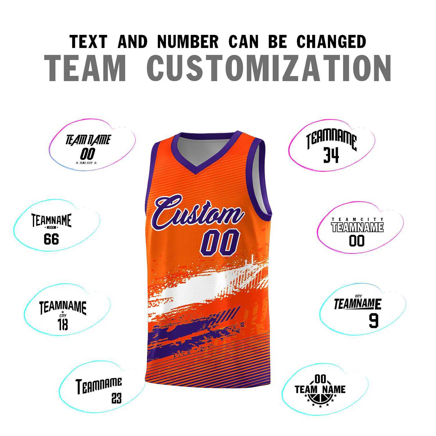 Custom Orange White and Purple Graffiti Pattern Sports Uniform Basketball Jersey