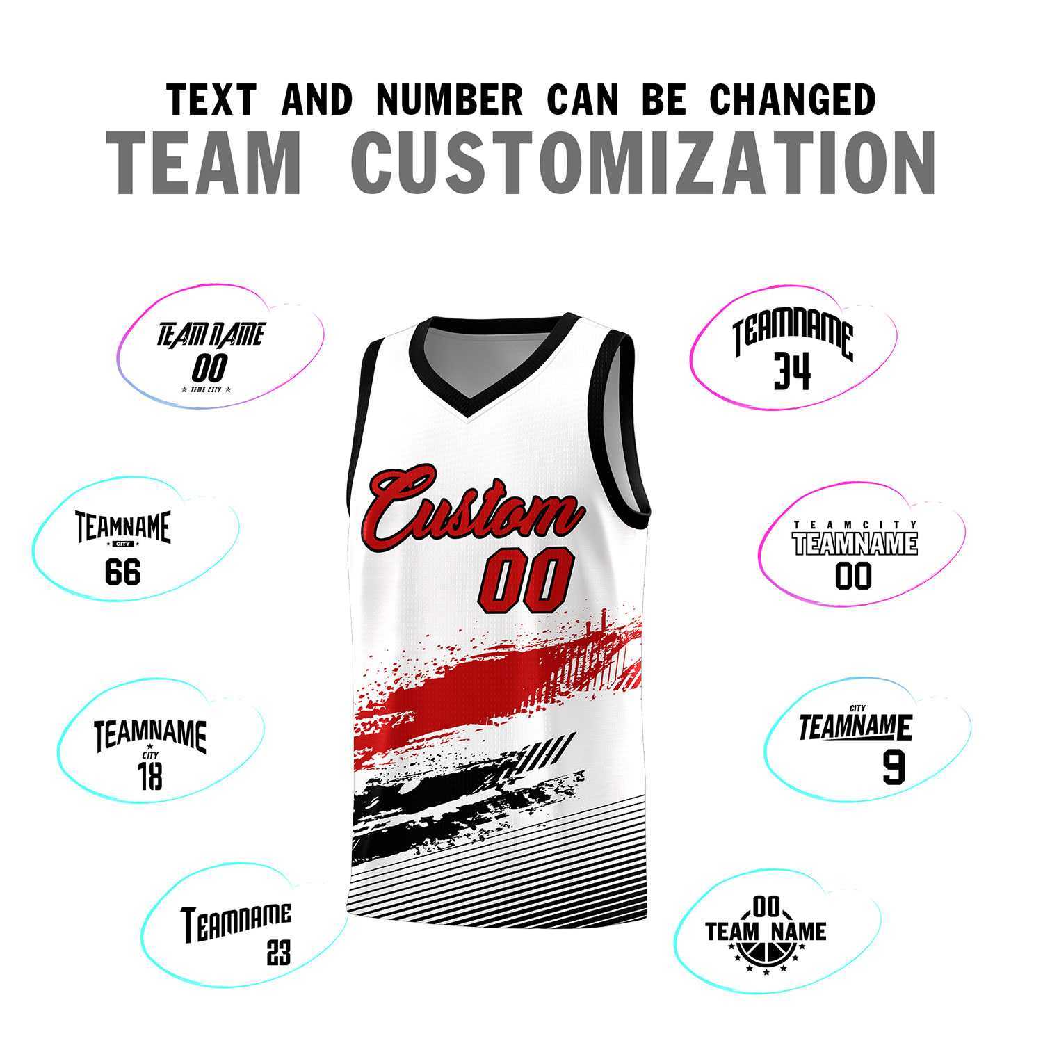 Custom White Red and Black Graffiti Pattern Sports Uniform Basketball Jersey