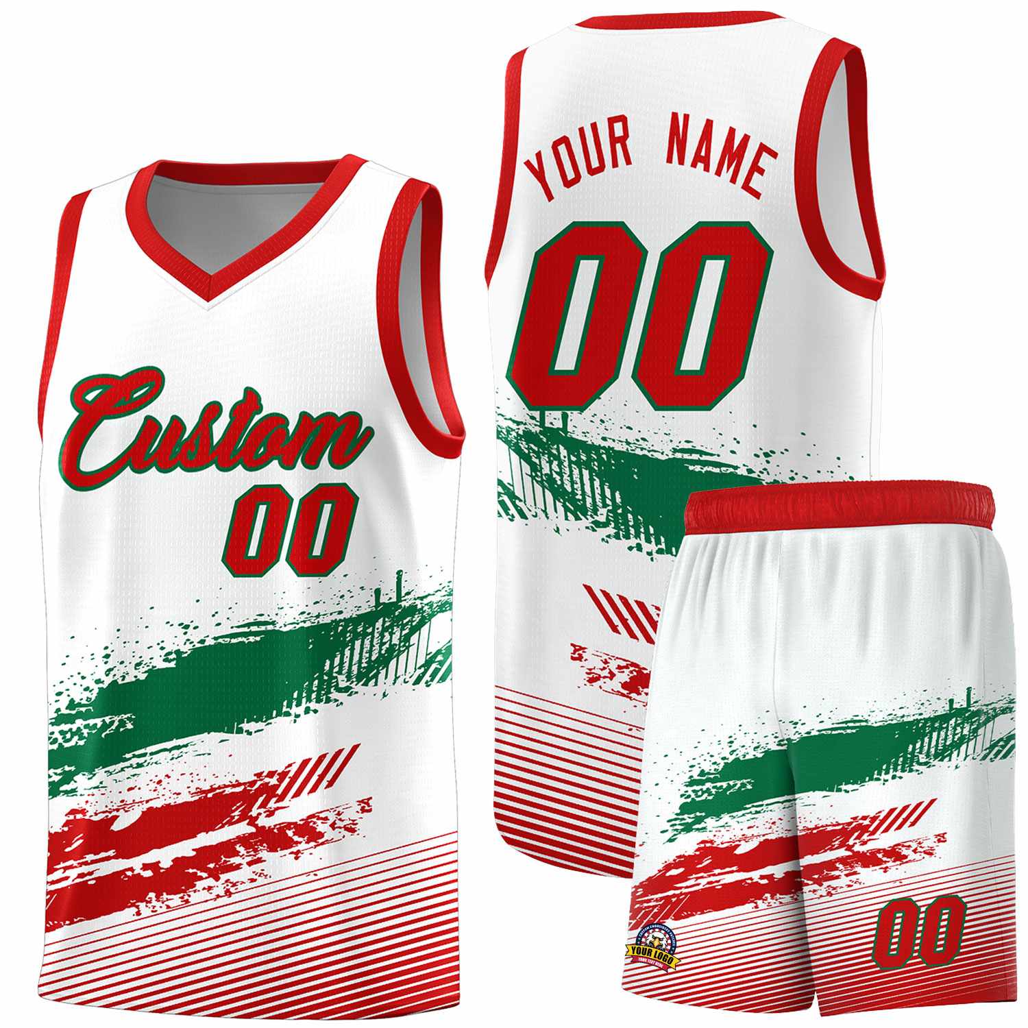 Custom White Kelly Green and Red Graffiti Pattern Sports Uniform Basketball Jersey