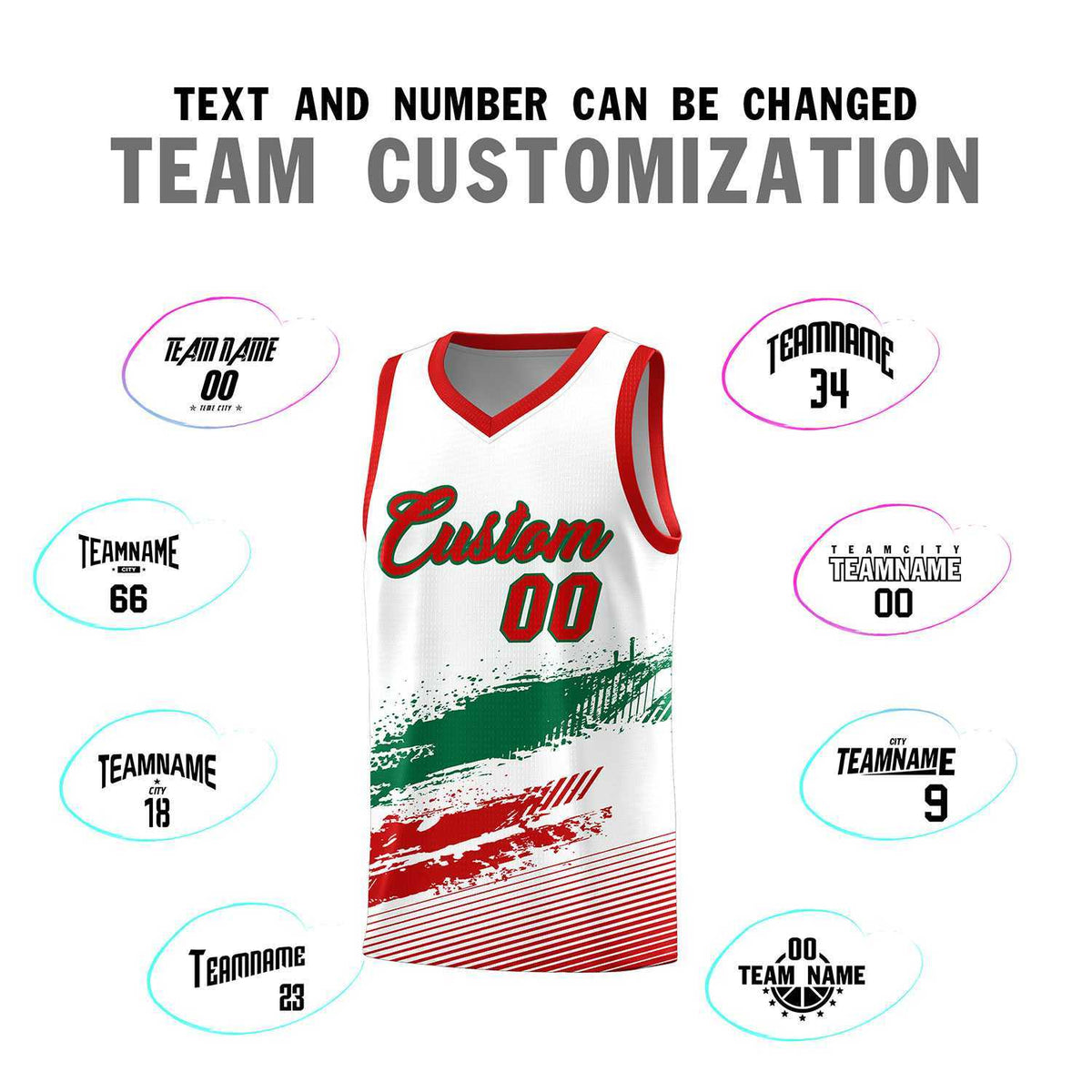Custom White Kelly Green and Red Graffiti Pattern Sports Uniform Basketball Jersey