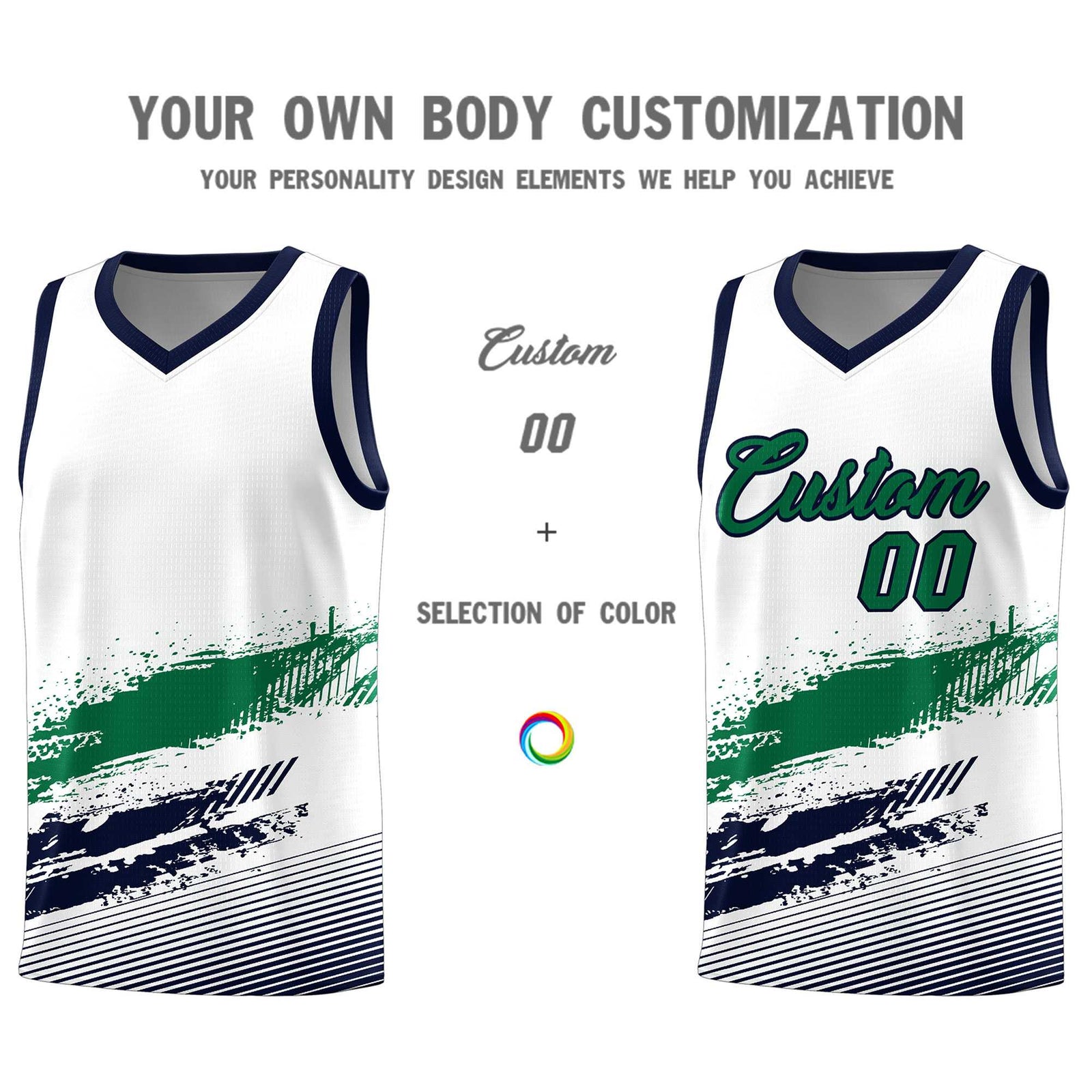 Custom White Kelly Green and Navy Graffiti Pattern Sports Uniform Basketball Jersey