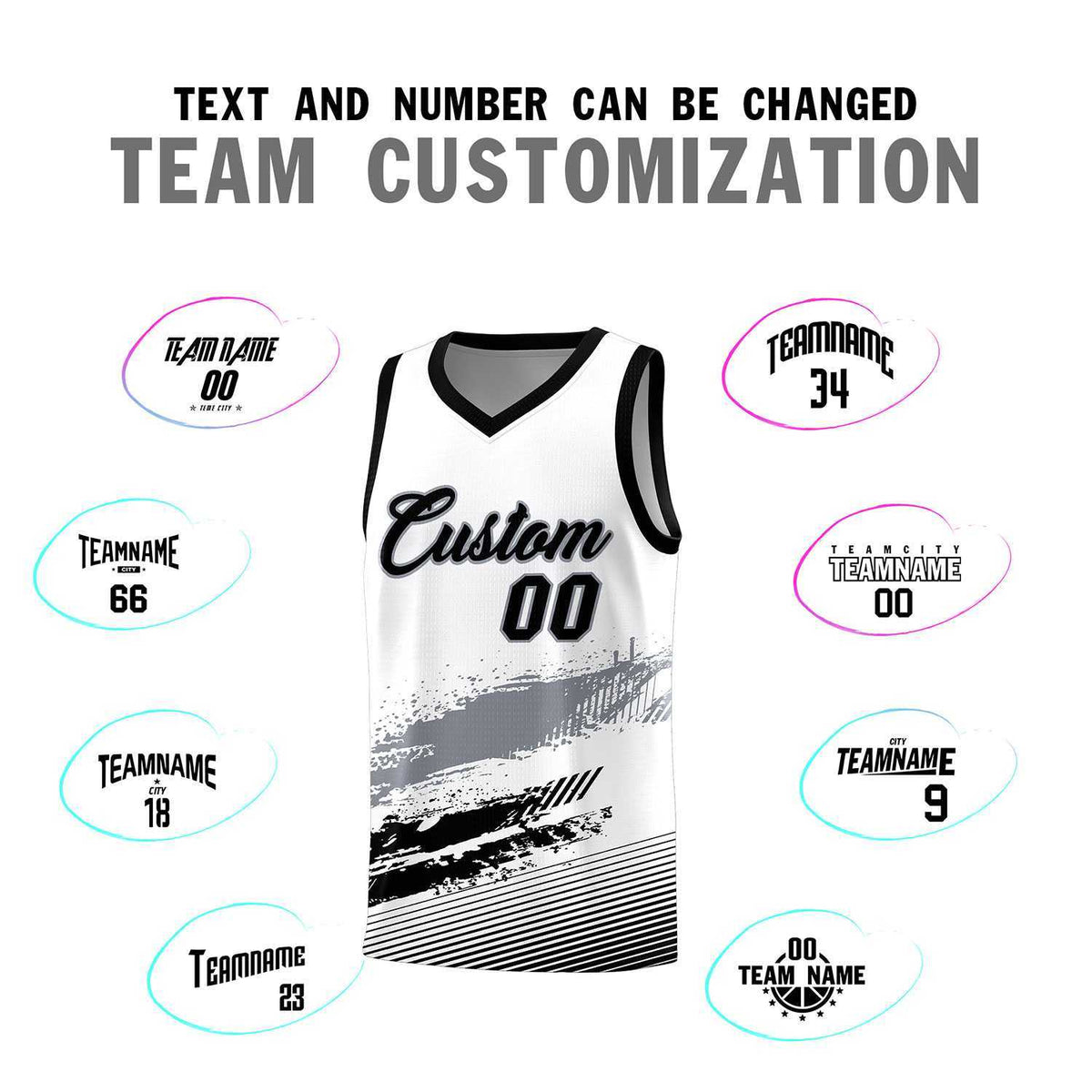 Custom White Gray and Black Graffiti Pattern Sports Uniform Basketball Jersey