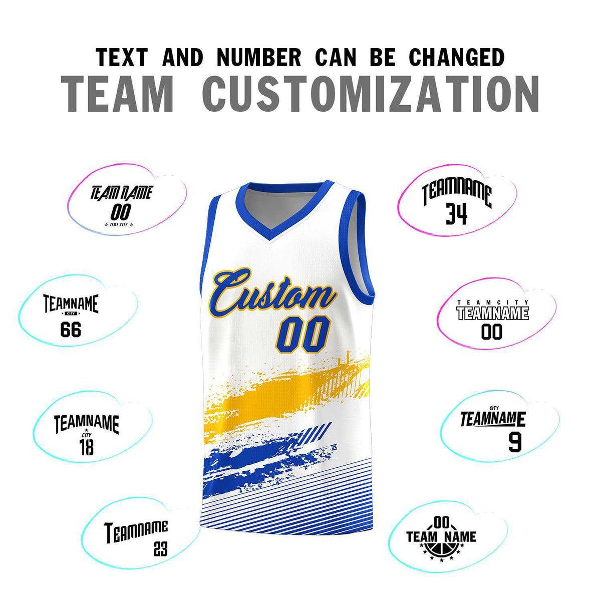 Custom White Yellow and Royal Graffiti Pattern Sports Uniform Basketball Jersey