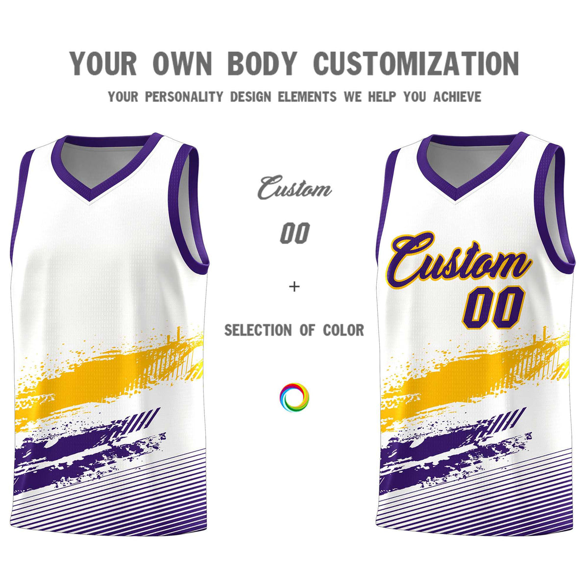 Custom White Yellow and Purple Graffiti Pattern Sports Uniform Basketball Jersey