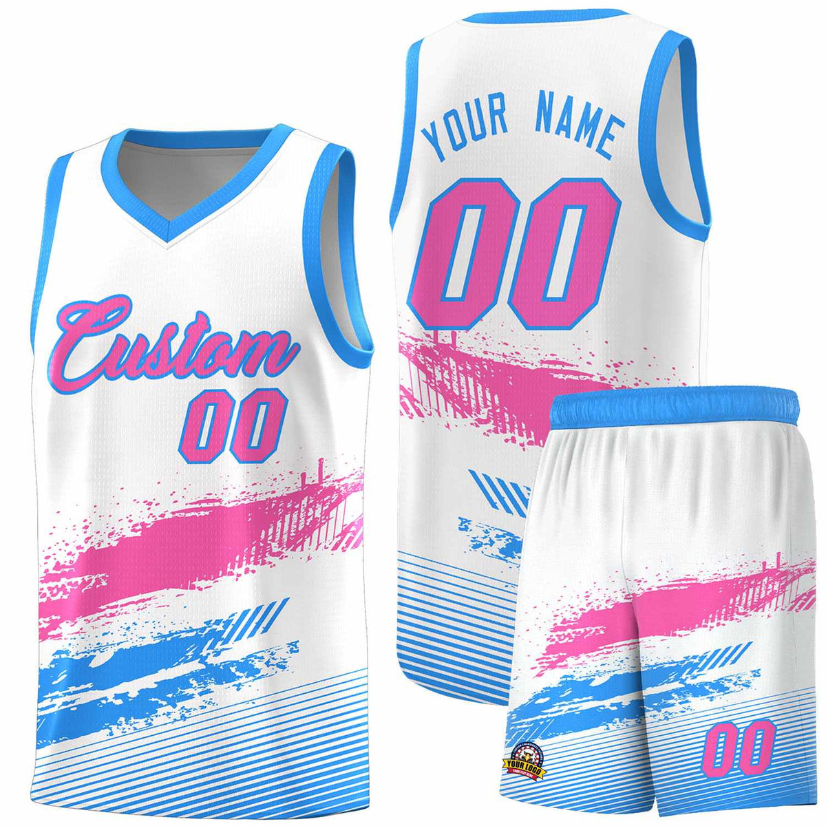 Custom White Pink and Powder Blue Graffiti Pattern Sports Uniform Basketball Jersey