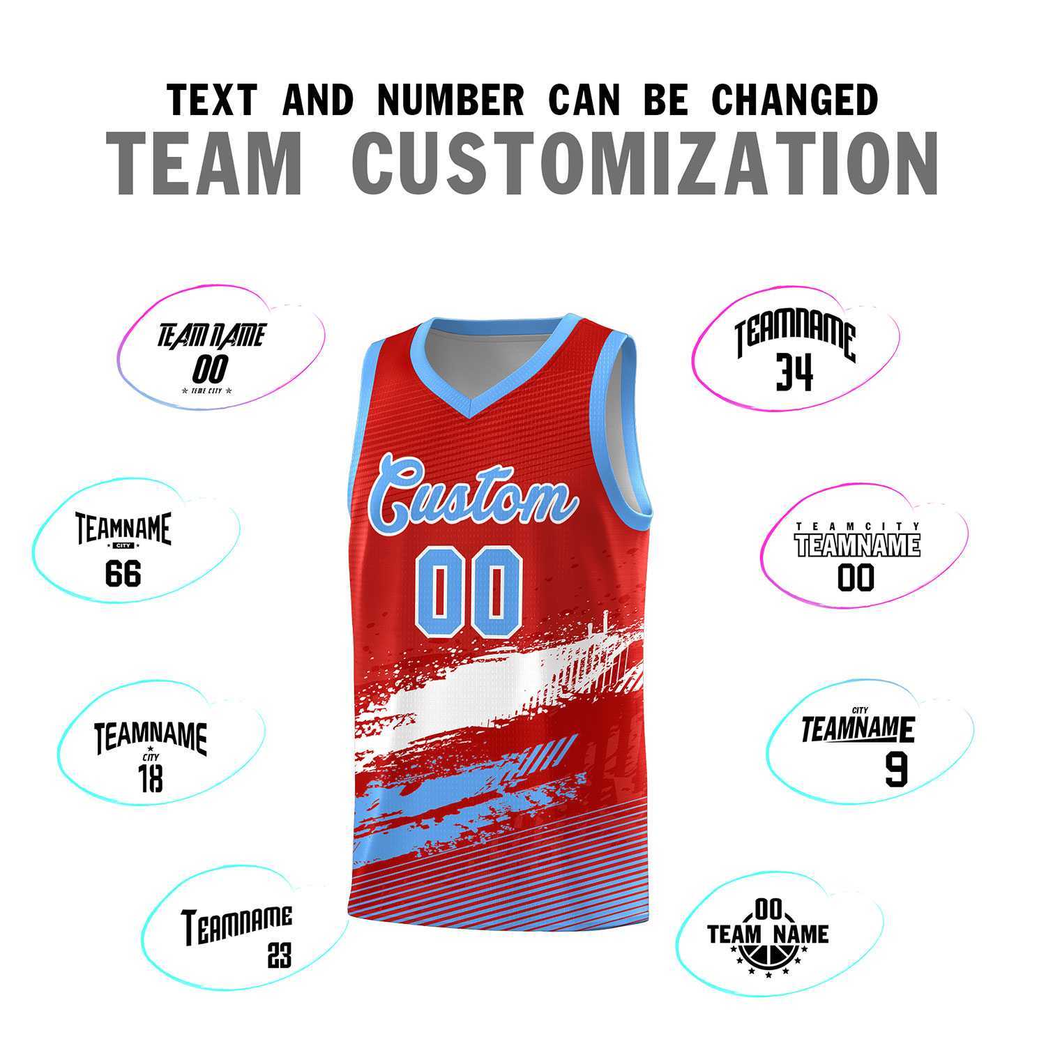 Custom Red White and Powder Blue Graffiti Pattern Sports Uniform Basketball Jersey