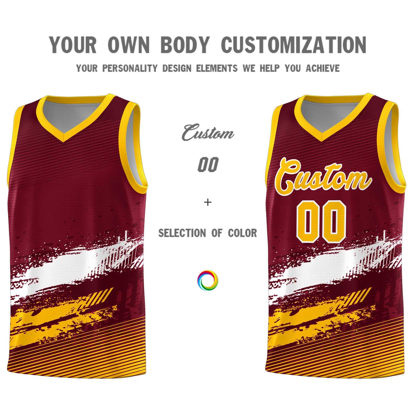 Custom Crimson White and Yellow Graffiti Pattern Sports Uniform Basketball Jersey