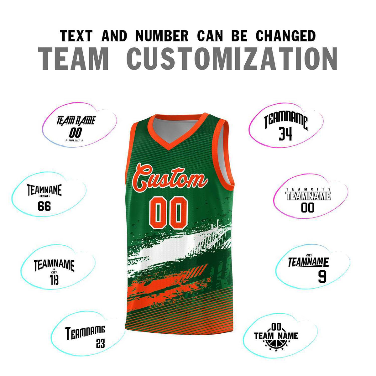 Custom Kelly Green White and Orange Graffiti Pattern Sports Uniform Basketball Jersey