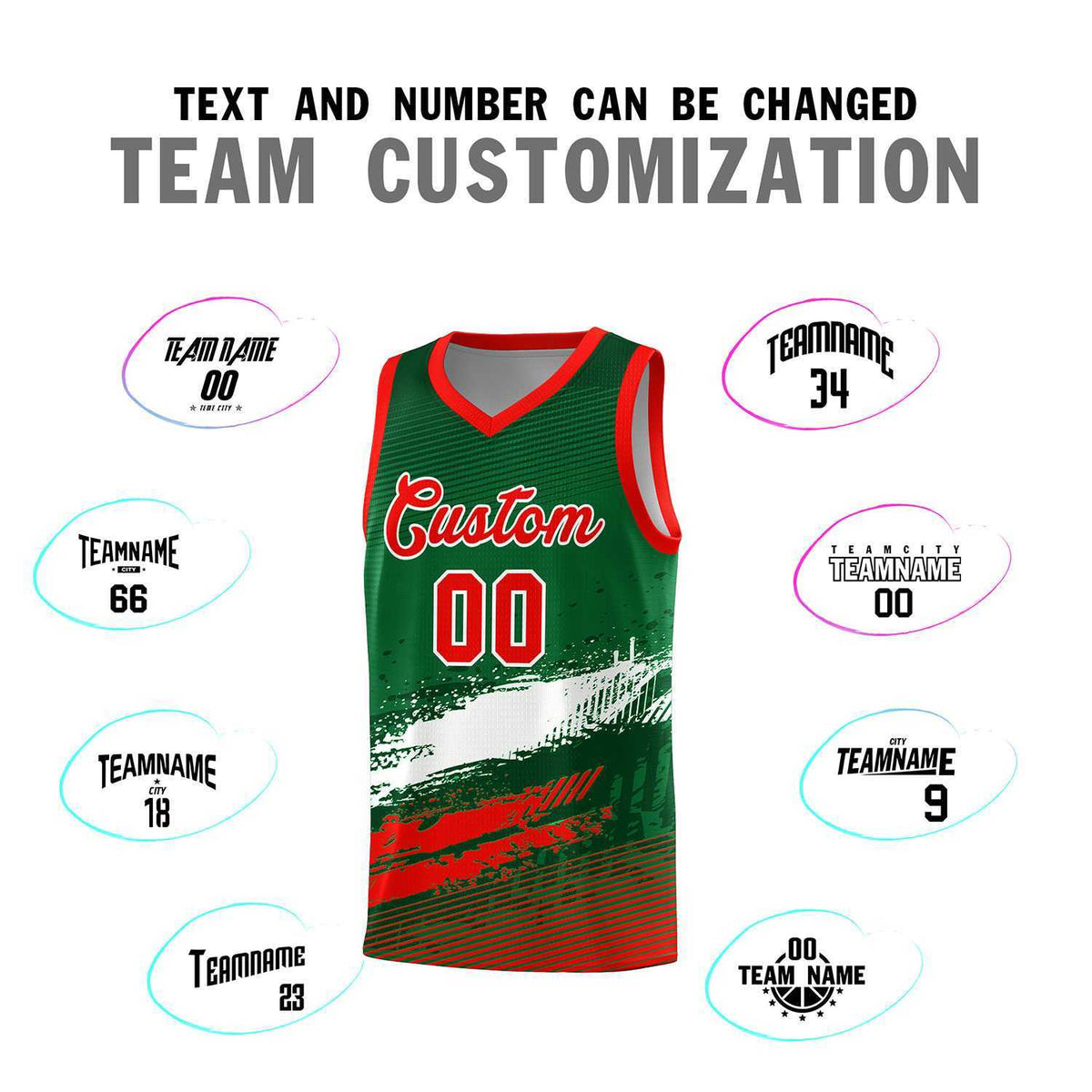 Custom Kelly Green White and Red Graffiti Pattern Sports Uniform Basketball Jersey