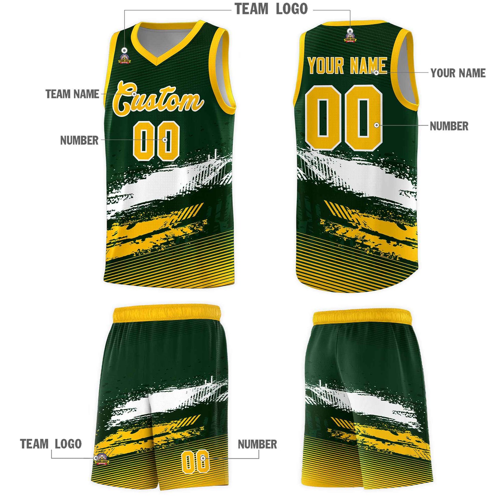 Custom Green White and Yellow Graffiti Pattern Sports Uniform Basketball Jersey
