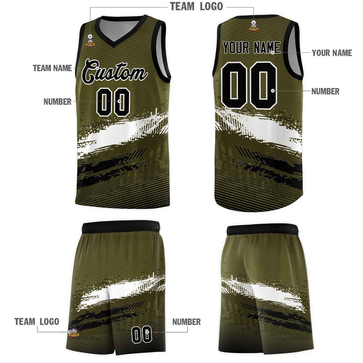 Custom Olive White and Black Graffiti Pattern Sports Uniform Basketball Jersey