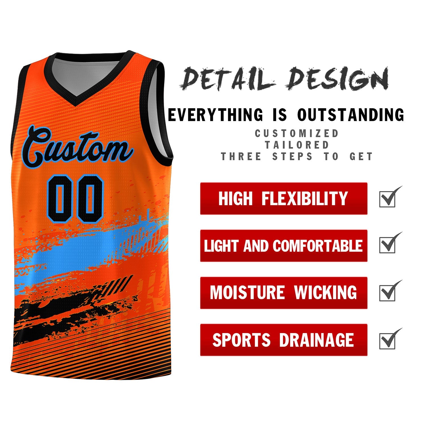 Custom Orange Powder Blue and Black Graffiti Pattern Sports Uniform Basketball Jersey