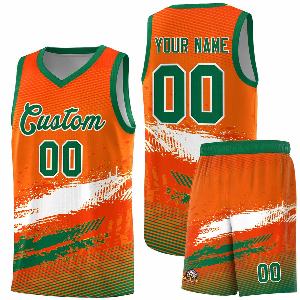 Custom Orange White and Kelly Green Graffiti Pattern Sports Uniform Basketball Jersey