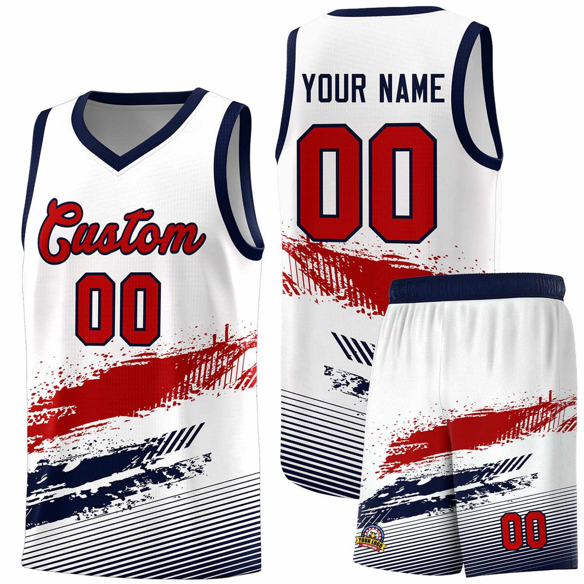 Custom White Red and Navy Graffiti Pattern Sports Uniform Basketball Jersey