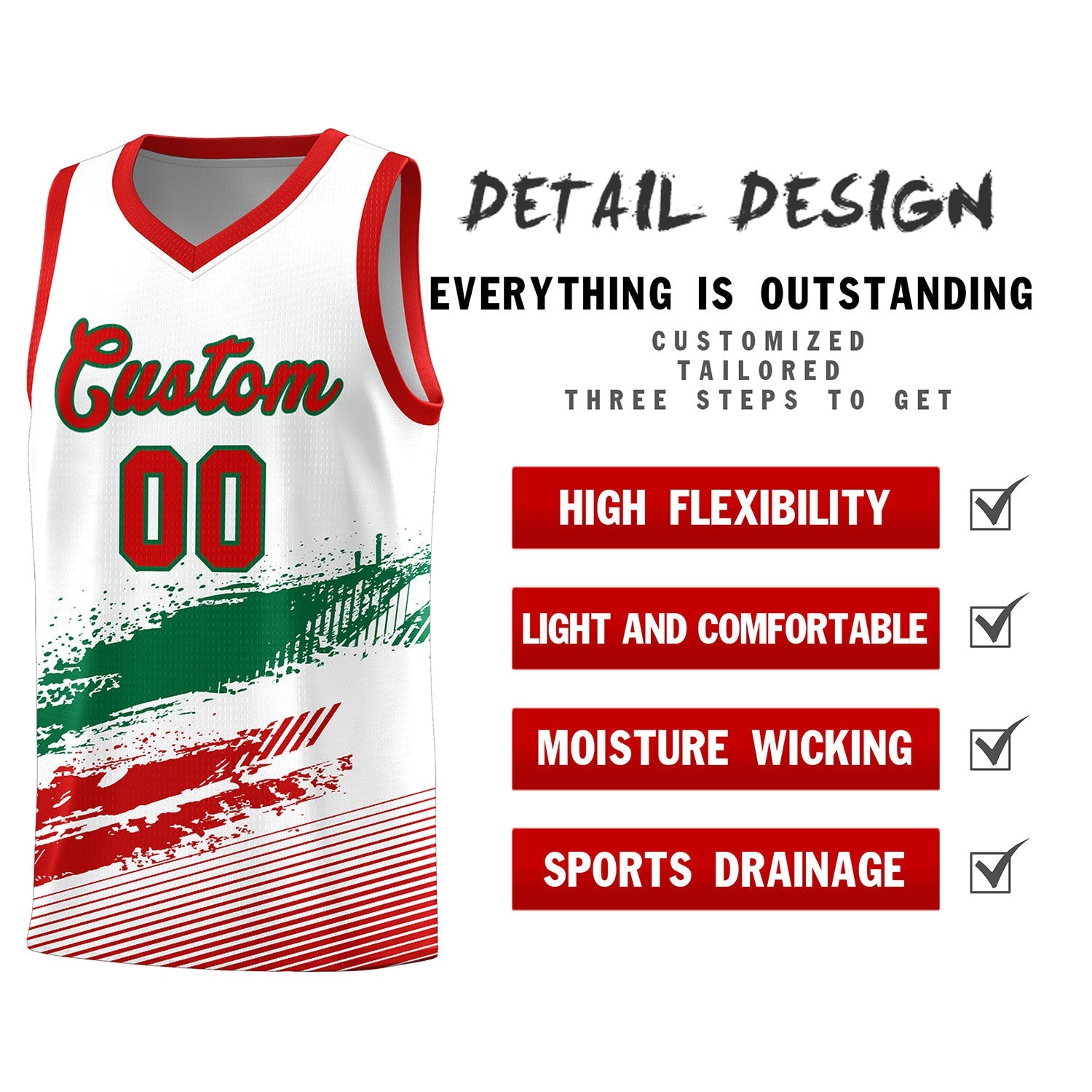 Custom White Kelly Green and Red Graffiti Pattern Sports Uniform Basketball Jersey