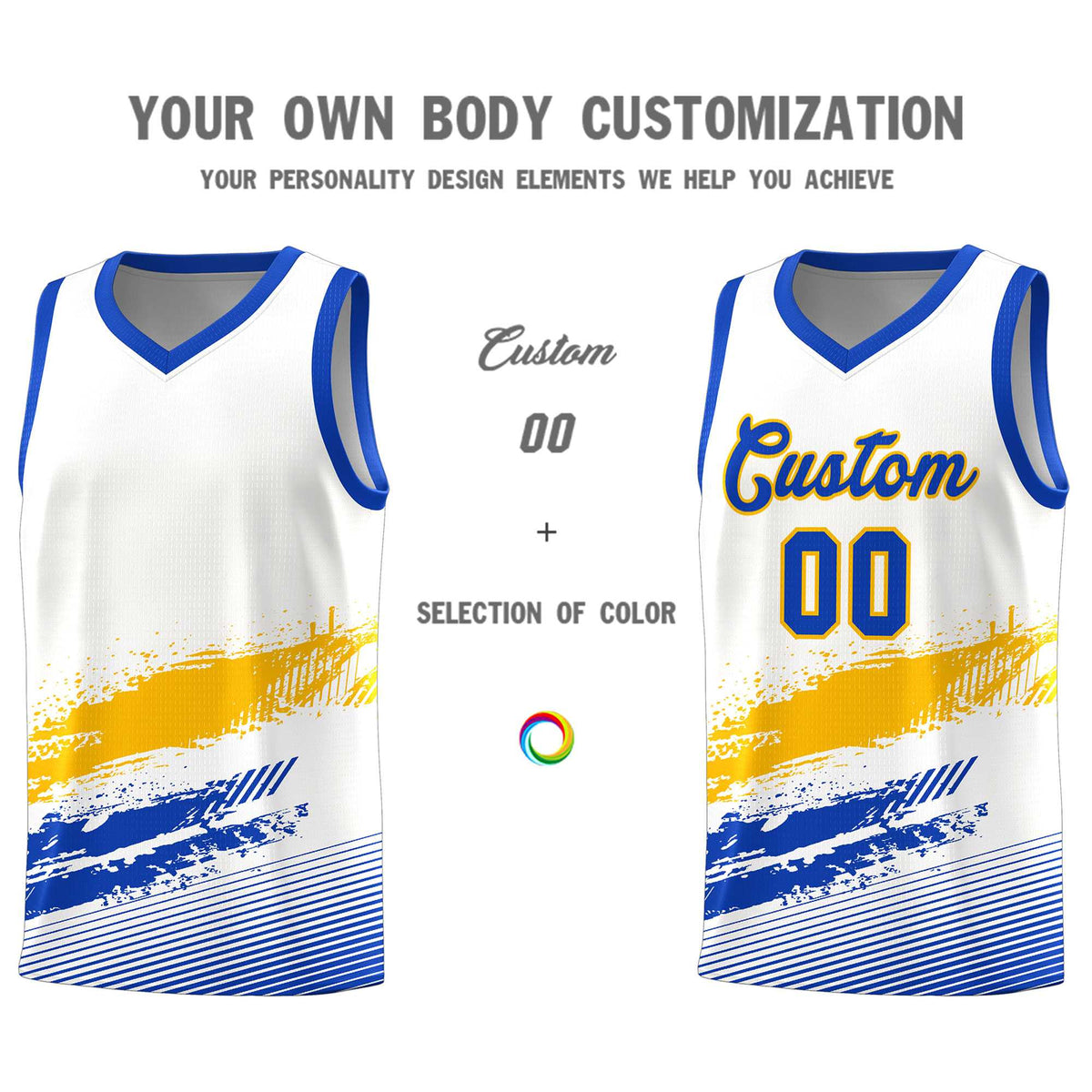 Custom White Yellow and Royal Graffiti Pattern Sports Uniform Basketball Jersey