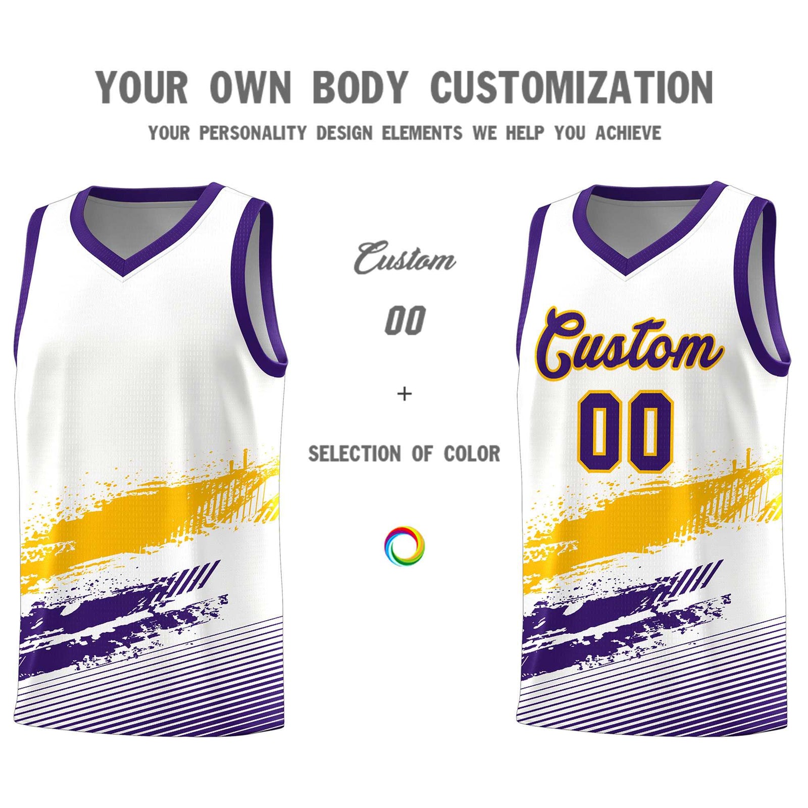 Custom White Yellow and Purple Graffiti Pattern Sports Uniform Basketball Jersey