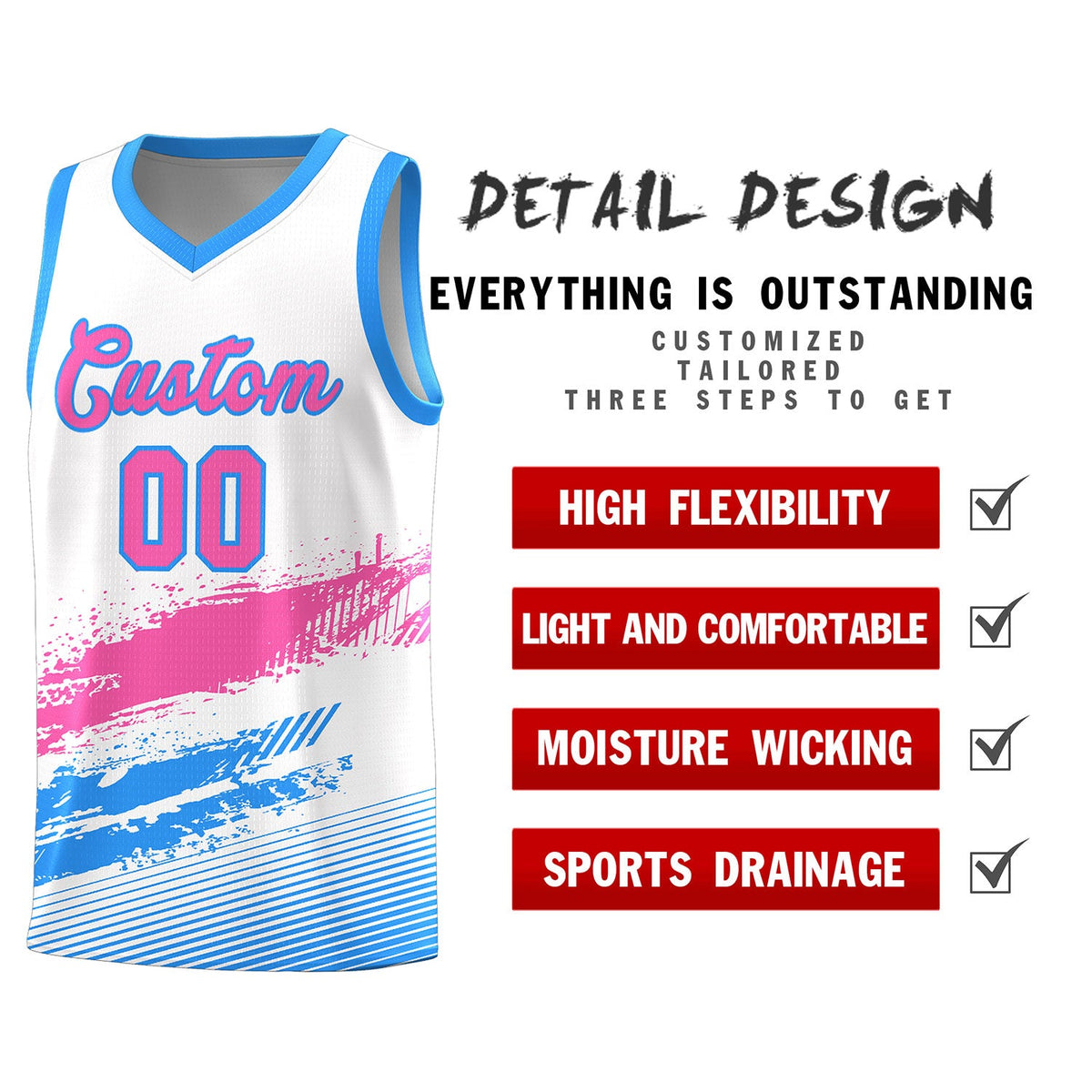 Custom White Pink and Powder Blue Graffiti Pattern Sports Uniform Basketball Jersey