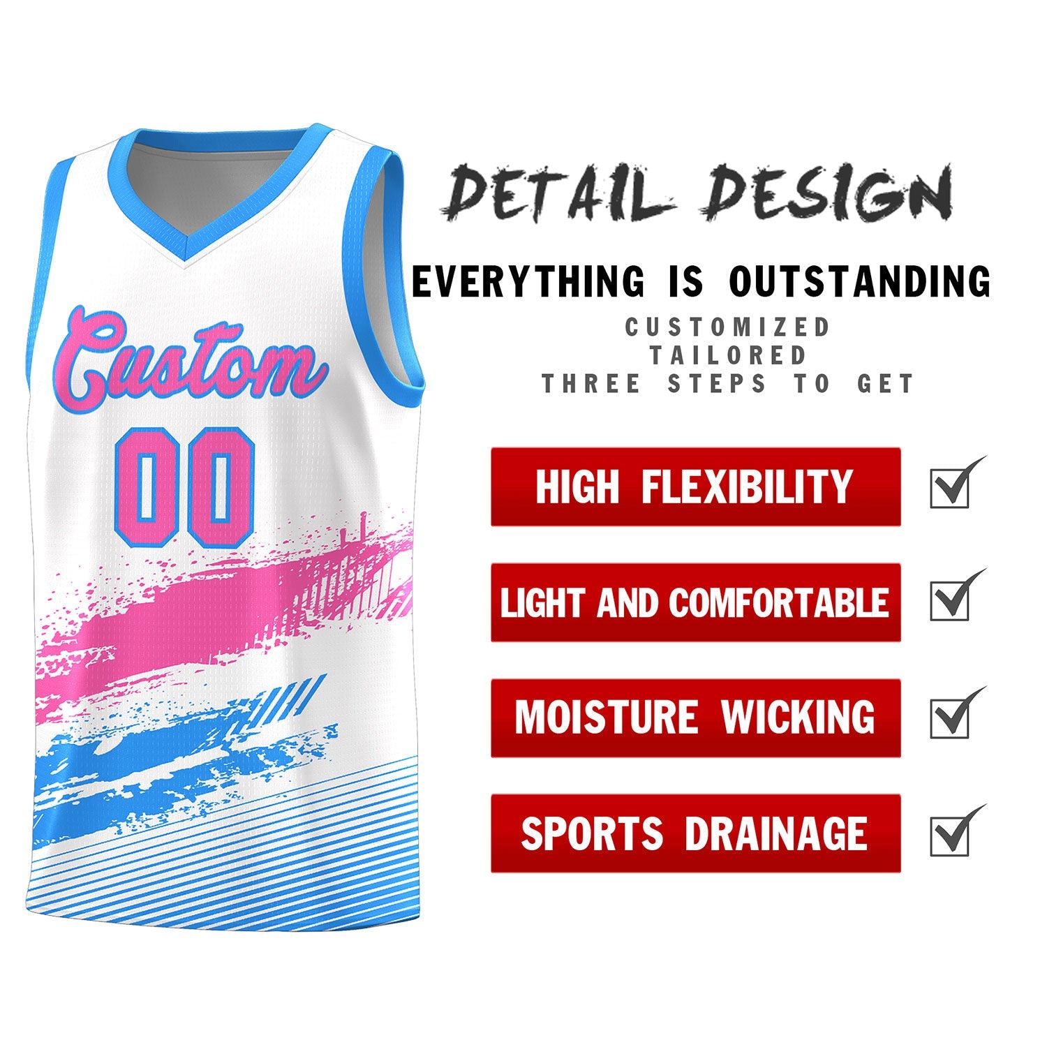 Custom White Pink and Powder Blue Graffiti Pattern Sports Uniform Basketball Jersey