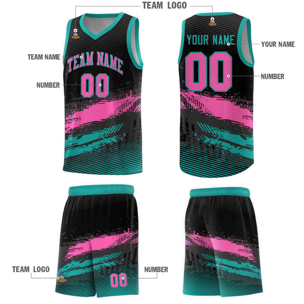 Custom Black Pink and Aqua Graffiti Pattern Sports Uniform Basketball Jersey