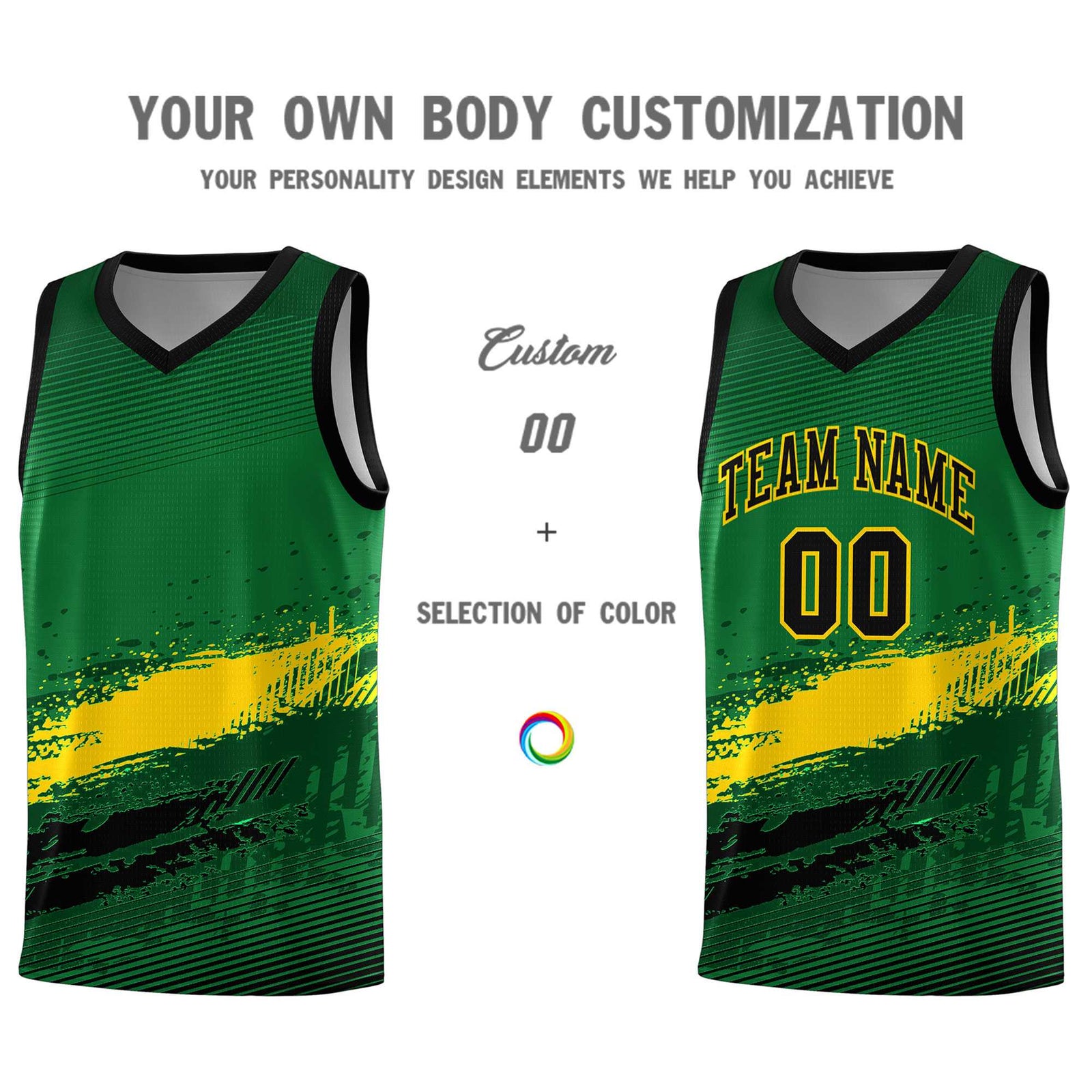 Custom Kelly Green Gold and Black Graffiti Pattern Sports Uniform Basketball Jersey