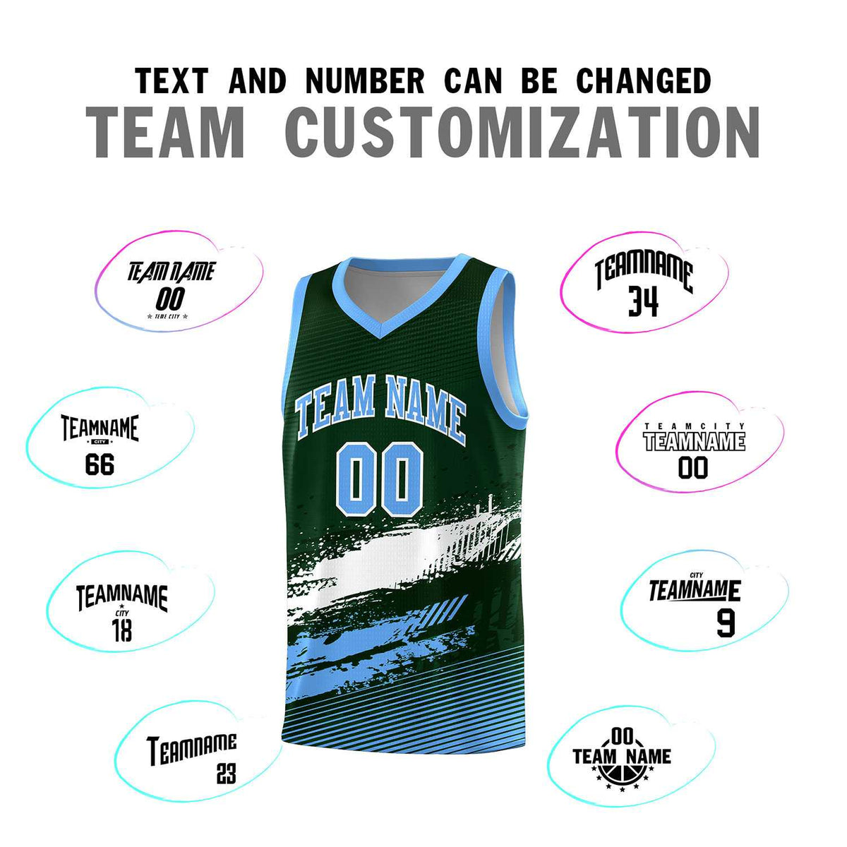 Custom Green White and Powder Blue Graffiti Pattern Sports Uniform Basketball Jersey