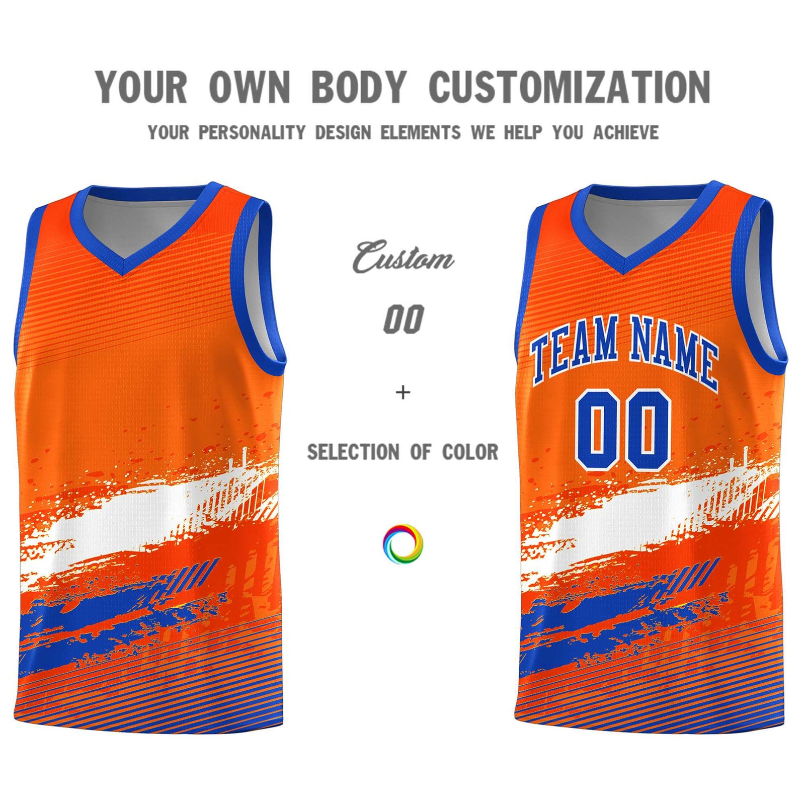 Custom Orange White and Royal Graffiti Pattern Sports Uniform Basketball Jersey