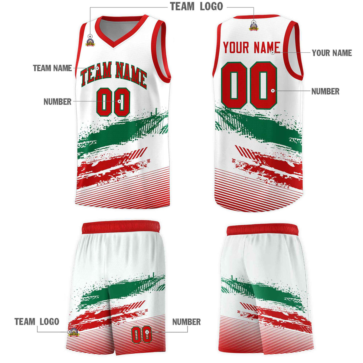 Custom White Kelly Green and Red Graffiti Pattern Sports Uniform Basketball Jersey