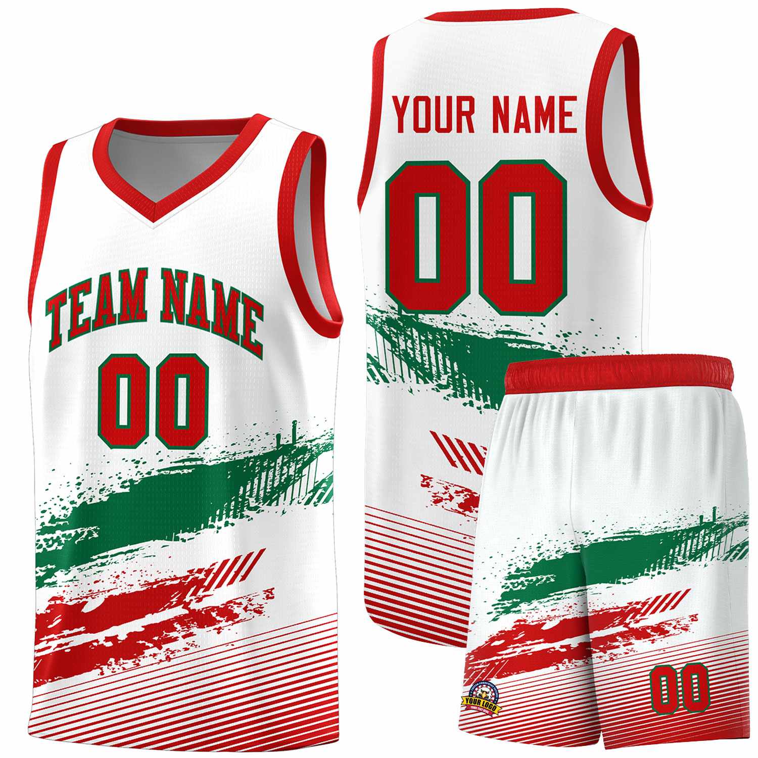 Custom White Kelly Green and Red Graffiti Pattern Sports Uniform Basketball Jersey