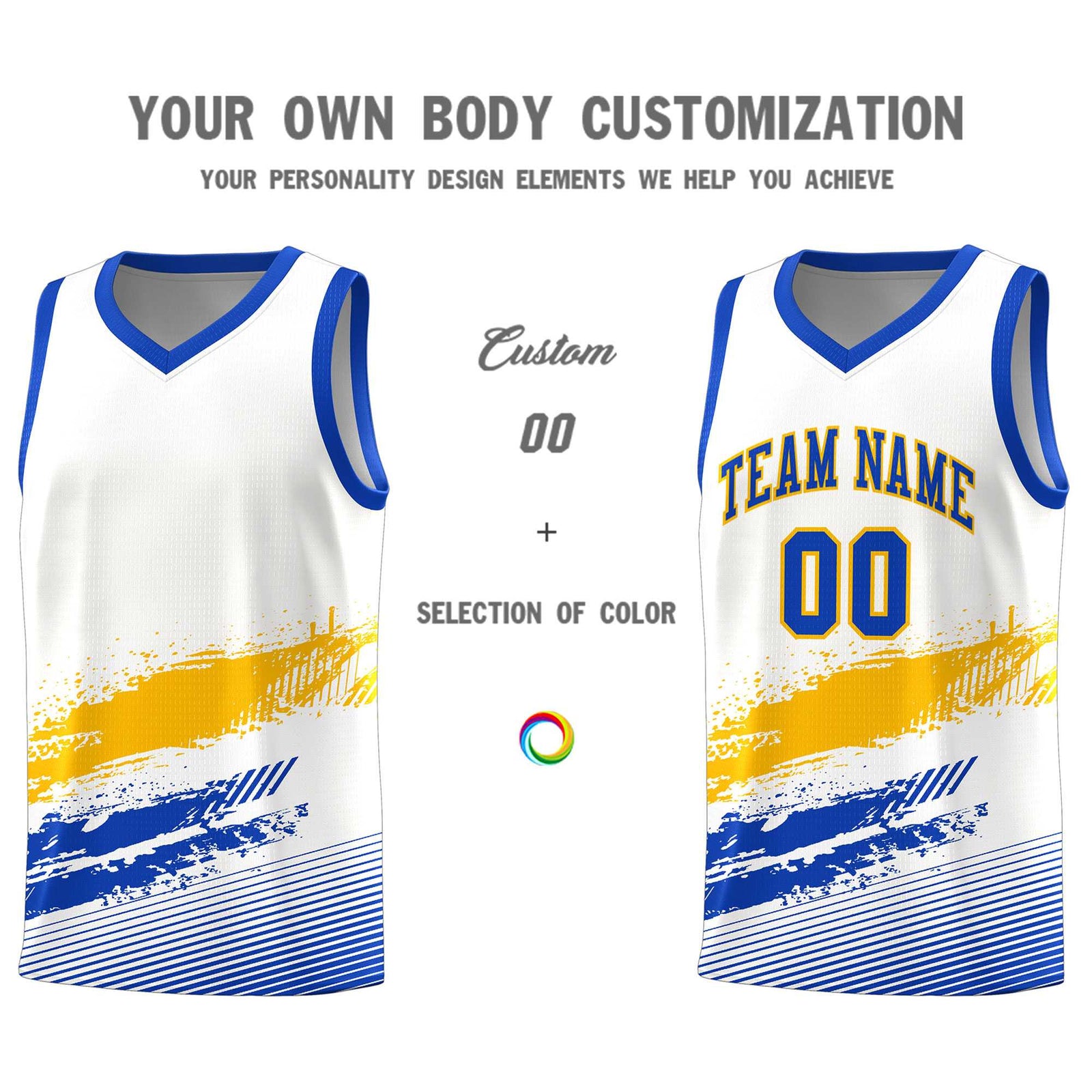 Custom White Yellow and Royal Graffiti Pattern Sports Uniform Basketball Jersey