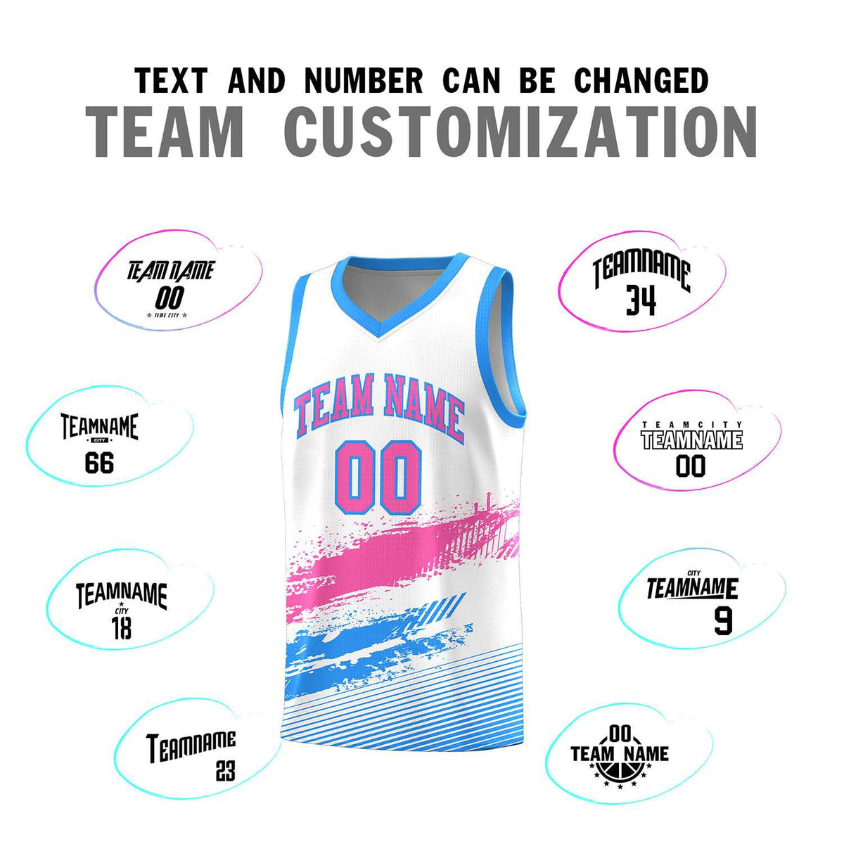 Custom White Pink and Powder Blue Graffiti Pattern Sports Uniform Basketball Jersey