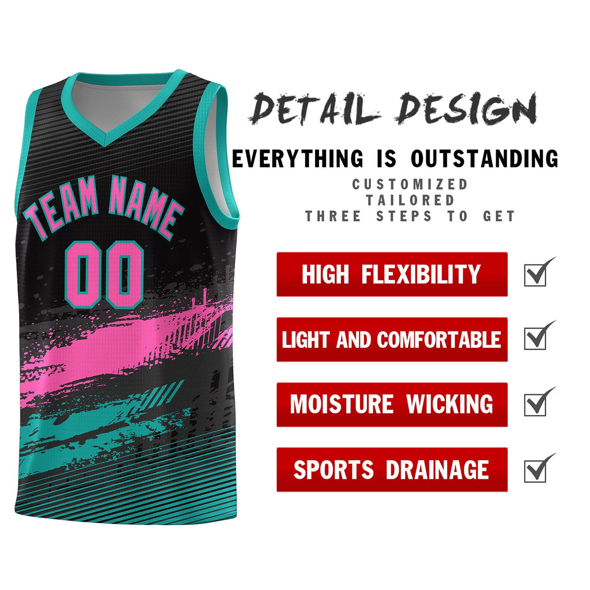 Custom Black Pink and Aqua Graffiti Pattern Sports Uniform Basketball Jersey