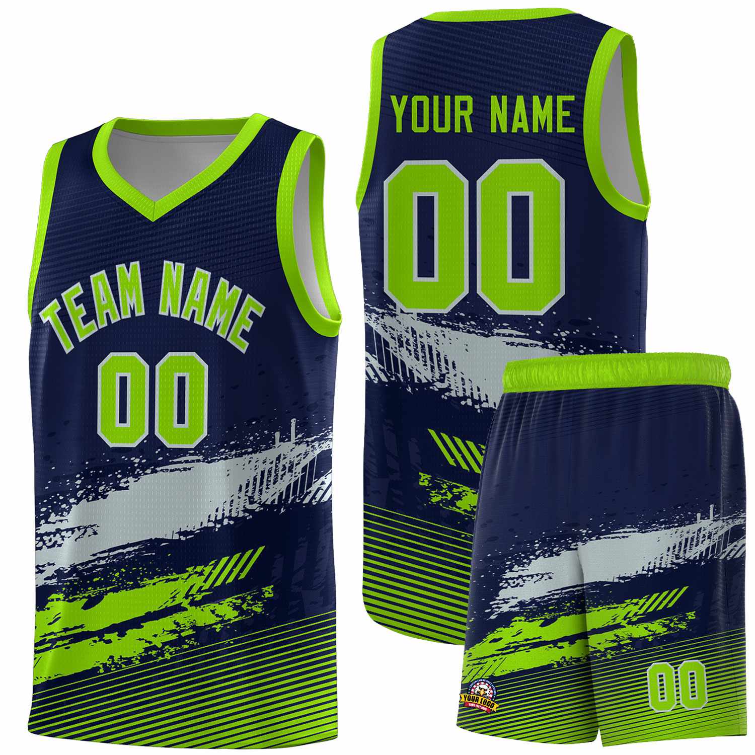 Custom Navy Gray and Neon Green Graffiti Pattern Sports Uniform Basketball Jersey