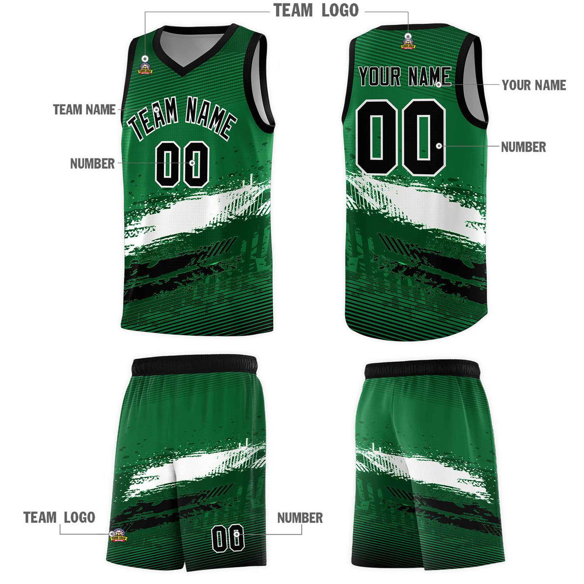 Custom Kelly Green White and Black Graffiti Pattern Sports Uniform Basketball Jersey