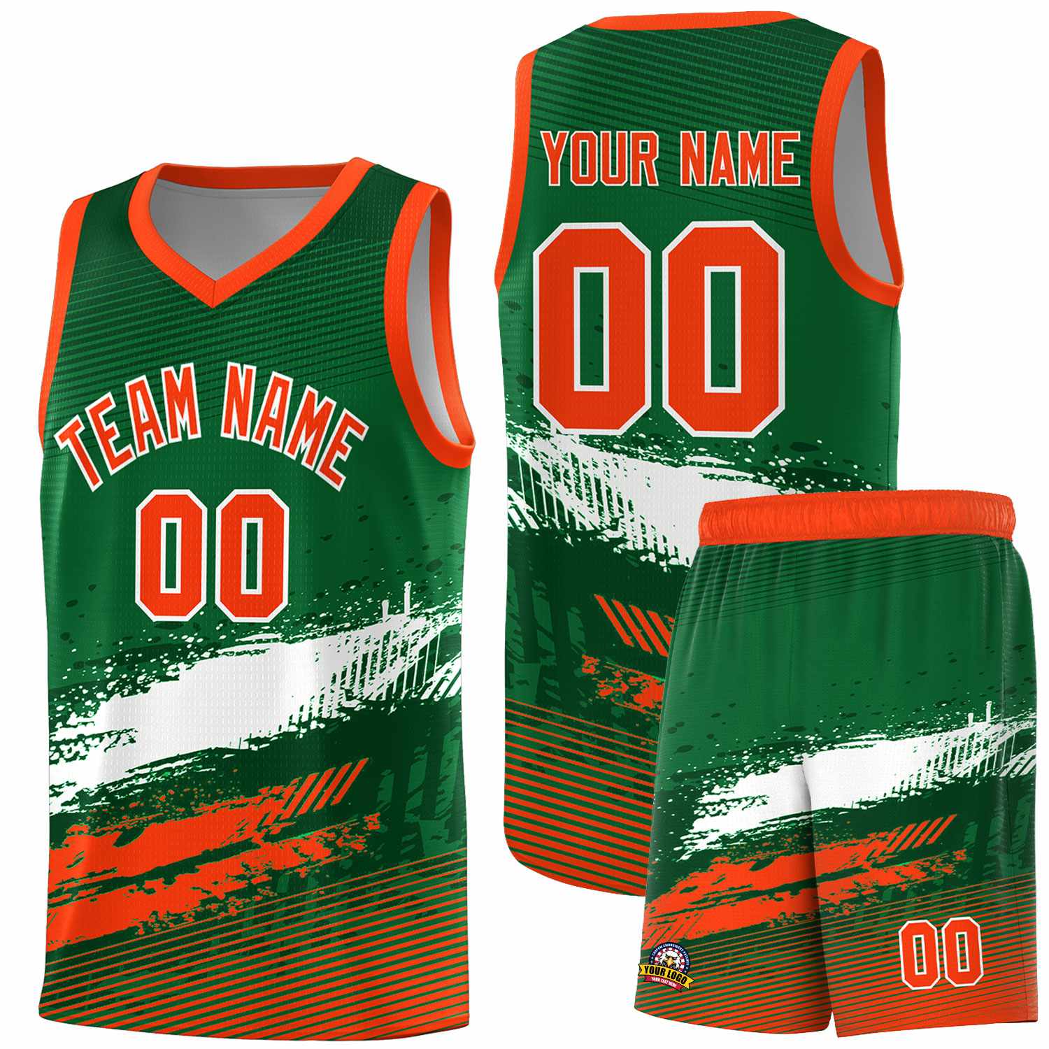 Custom Kelly Green White and Orange Graffiti Pattern Sports Uniform Basketball Jersey
