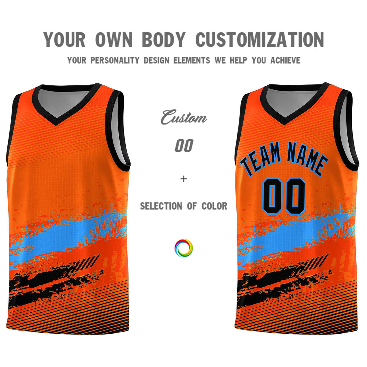 Custom Orange Powder Blue and Black Graffiti Pattern Sports Uniform Basketball Jersey