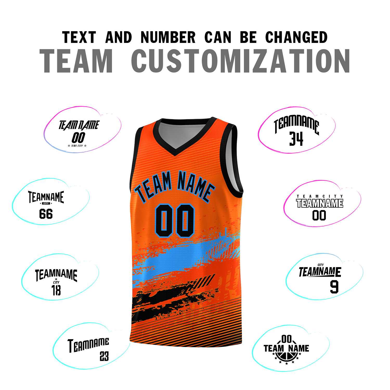 Custom Orange Powder Blue and Black Graffiti Pattern Sports Uniform Basketball Jersey