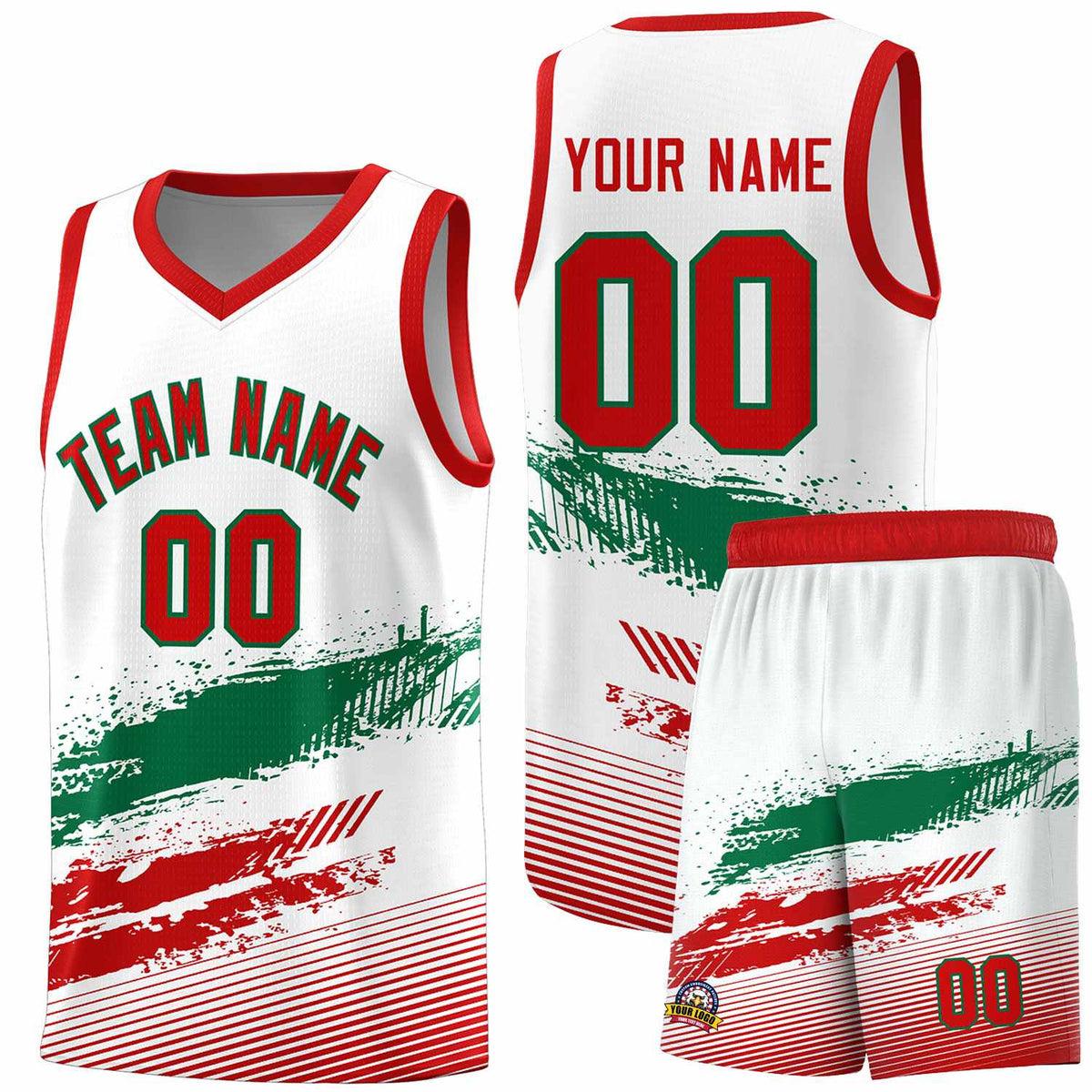 Custom White Kelly Green and Red Graffiti Pattern Sports Uniform Basketball Jersey