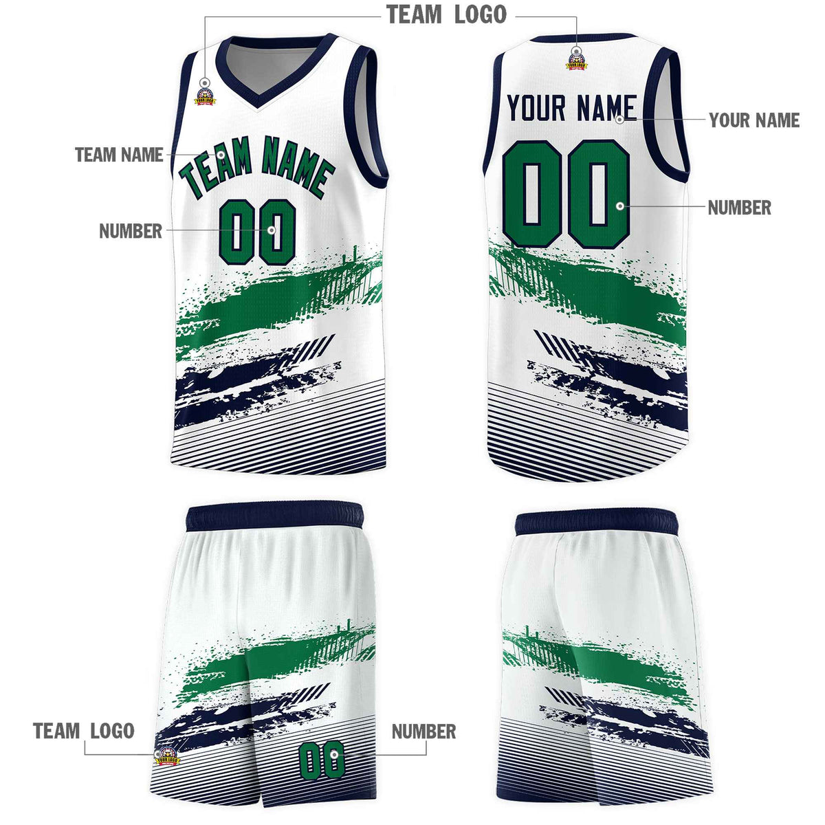 Custom White Kelly Green and Navy Graffiti Pattern Sports Uniform Basketball Jersey