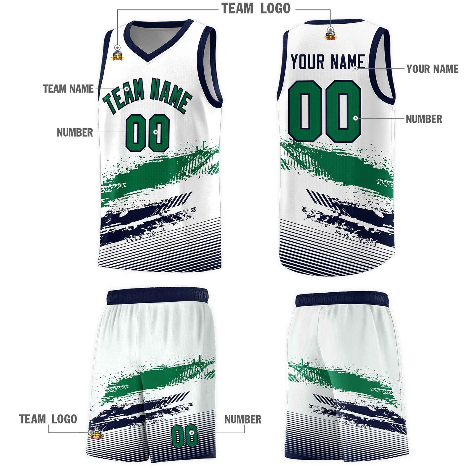 Custom White Kelly Green and Navy Graffiti Pattern Sports Uniform Basketball Jersey