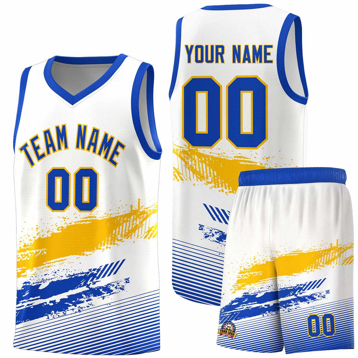 Custom White Yellow and Royal Graffiti Pattern Sports Uniform Basketball Jersey